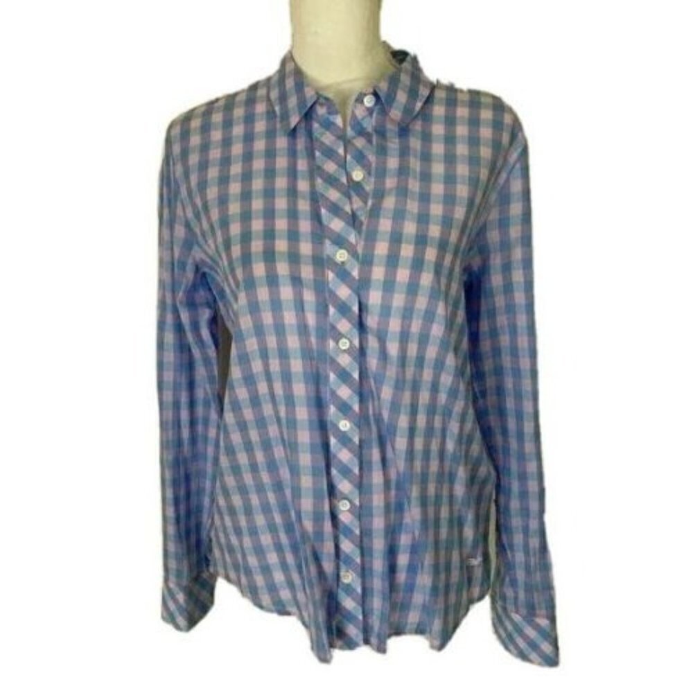 Vineyard Vines Shirt Womens Size 8 Checkered Blue Relaxed Fit Long Sleeve Cotton